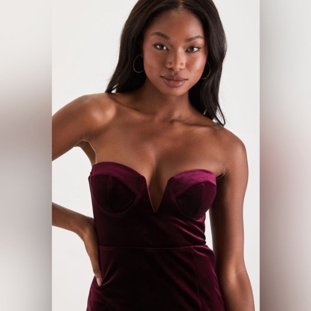 Lulu's Deep Wine Strapless Midi Dress - Picture 2 of 11